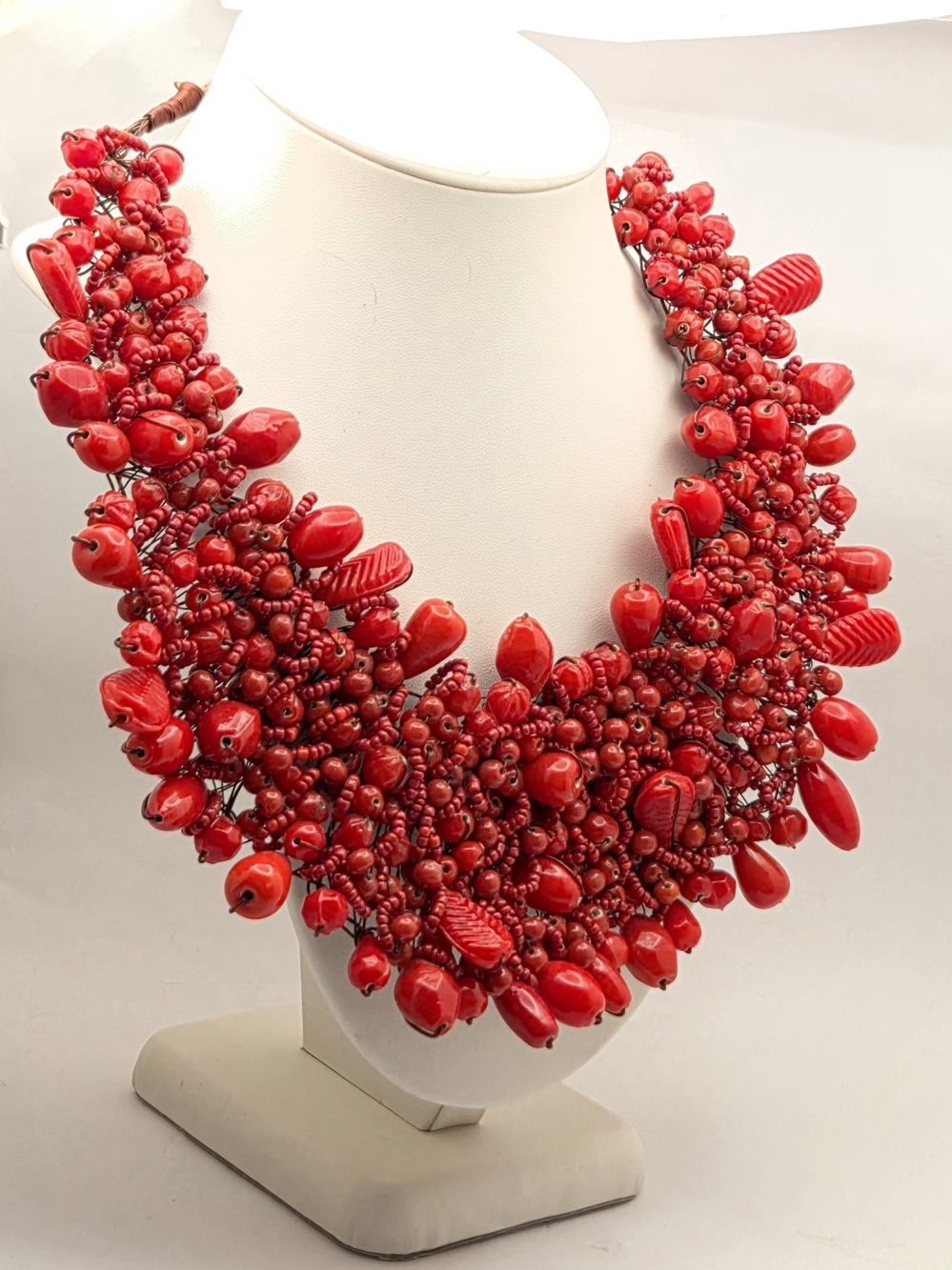 Statement Red Beaded Bib Necklace Wire Wrapped Glass Ceramic Cluster Collar